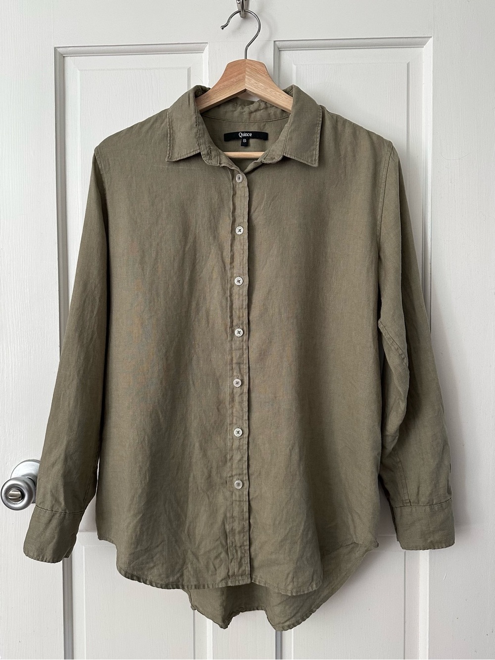 QUINCE 100% European Linen Long Sleeve Shirt Washed Olive Size S